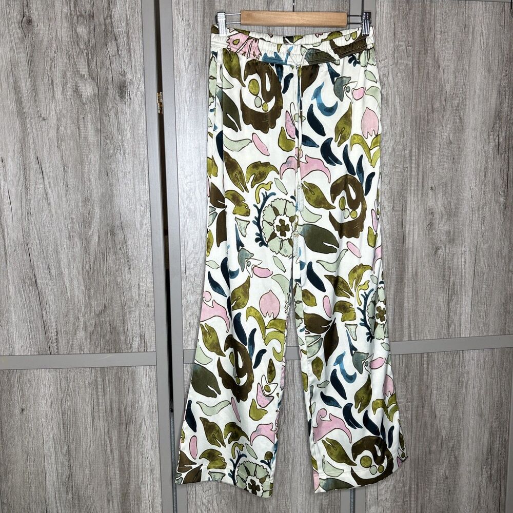 Joie Palazzo Pants XS Wide Leg Satin Floral Tropical White Green Pink